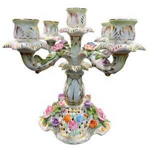 Vintage KPM Porcelain 5 Light Candelabra Applied Roses Gilt 10" Germany